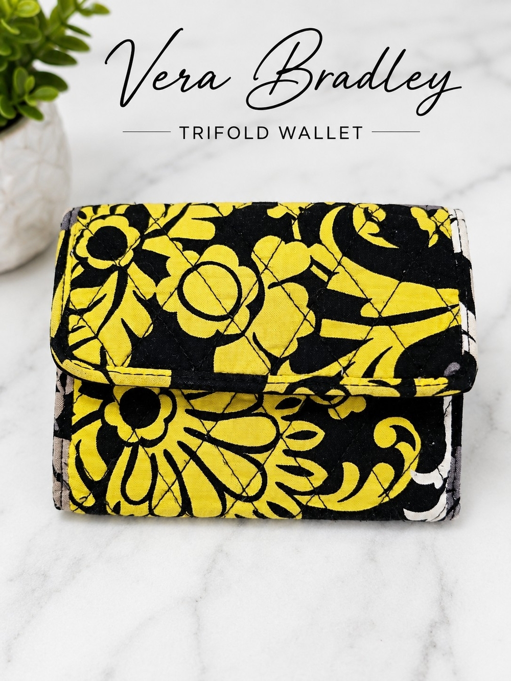 Vera Bradley Baroque Quilted Trifold Wallet Black Yellow Floral